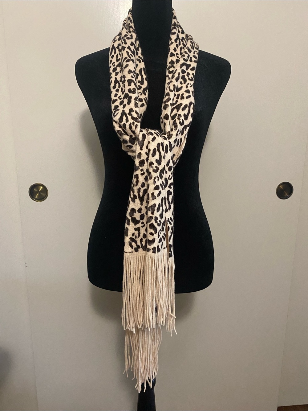 Joe Boxer Beige and Black Leopard Print Fringe Scarf